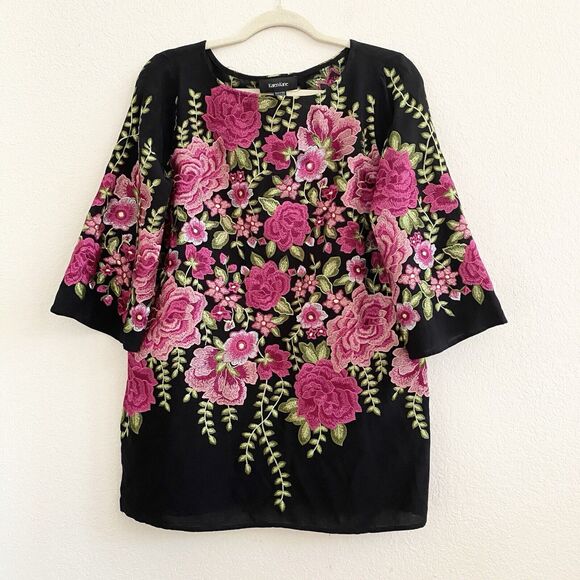 Karen Kane Embroidered Black Pink Floral 3/4 Sleeve Handkerchief Hem Top S - Picture 7 of 12